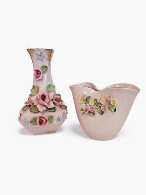 Lefton China Vintage Porcelain Vase Set with Capodimonte Style Roses